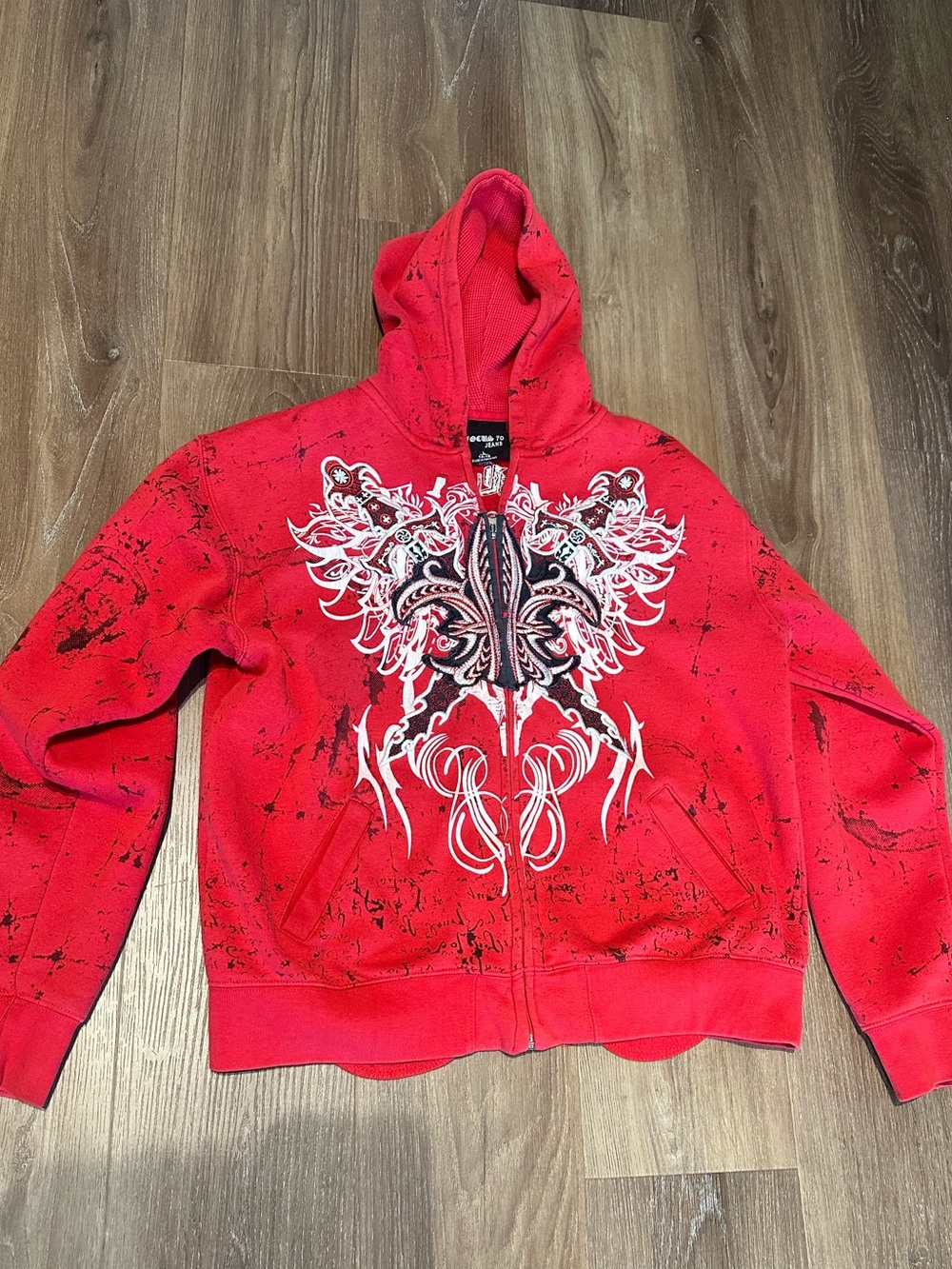 Focus 70 Jeans Red Graphic Zip-Up Hoodie with Winged Crest